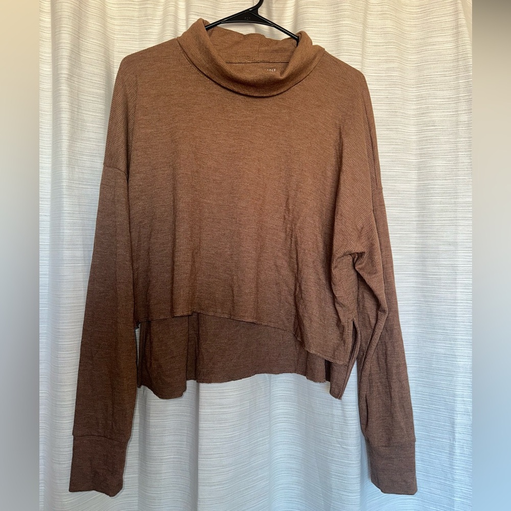 American Eagle Tan/Brown Cowl Crop Waffle-Knit Sweater (S)